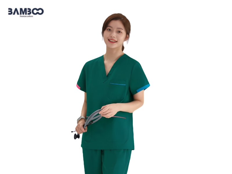 Đồng phục spa xanh lá phối viền màu