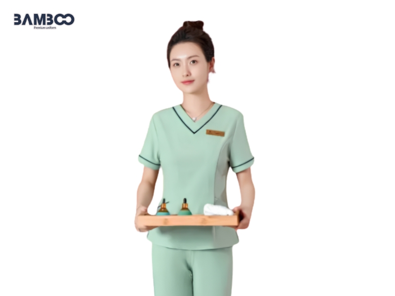 Đồng phục spa xanh lá cổ V