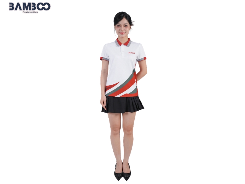 Áo đồng phục Polo in chuyển nhiệt trắng phối xám - đỏ