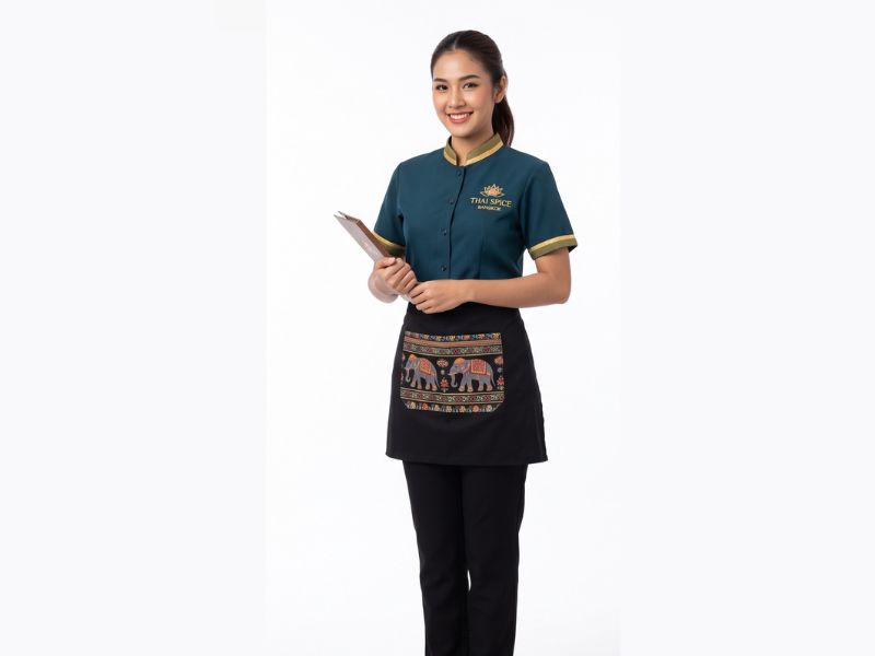 Kết hợp sơ mi cổ trụ và tạp dề cho phục vụ nhà hàng Thái