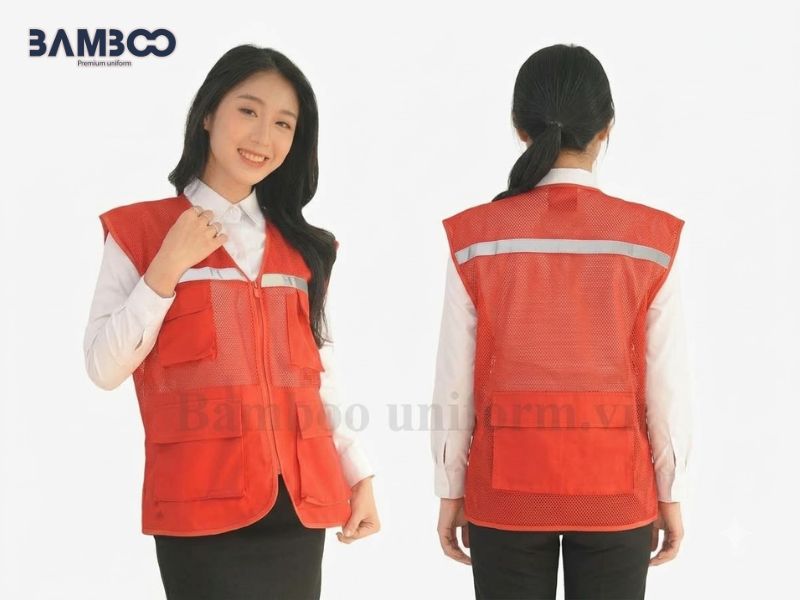 Quy trình may áo gile bảo hộ 05 màu đỏ chuyên nghiệp, kiểm tra chất lượng nghiêm ngặt trước khi bàn giao