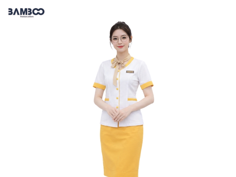 May đồng phục spa màu vàng cần chú ý sắc độ, chất liệu, độ bền màu, phối màu, logo, kiểu dáng và khả năng vệ sinh