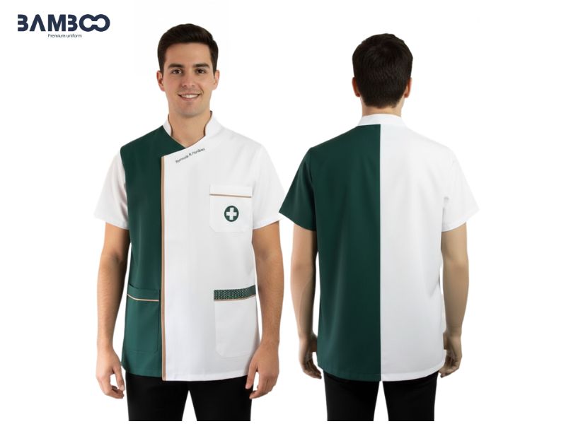 May áo điều dưỡng nam phối trắng xanh hãy chọn vải, phối màu và đường may phù hợp để đảm bảo chất lượng