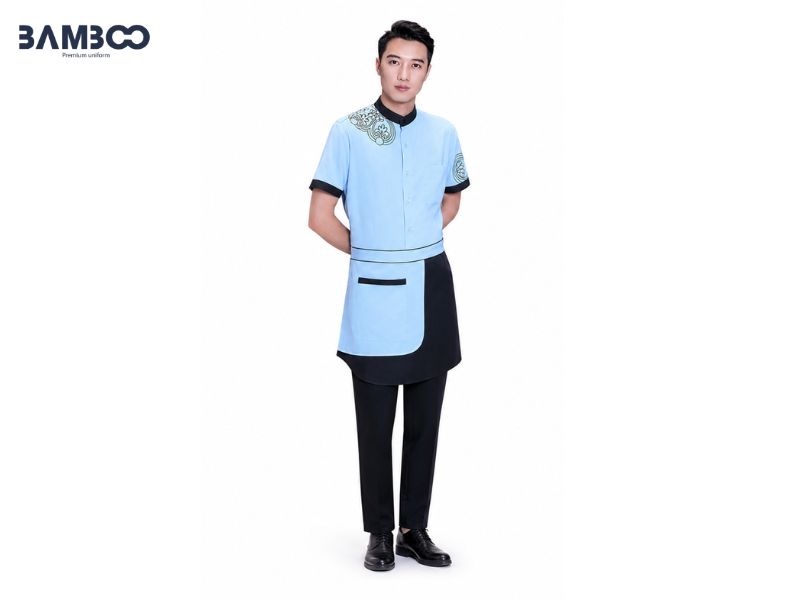 Quy trình may chuẩn giúp đồng phục phục vụ xanh dương bền đẹp và phù hợp công việc