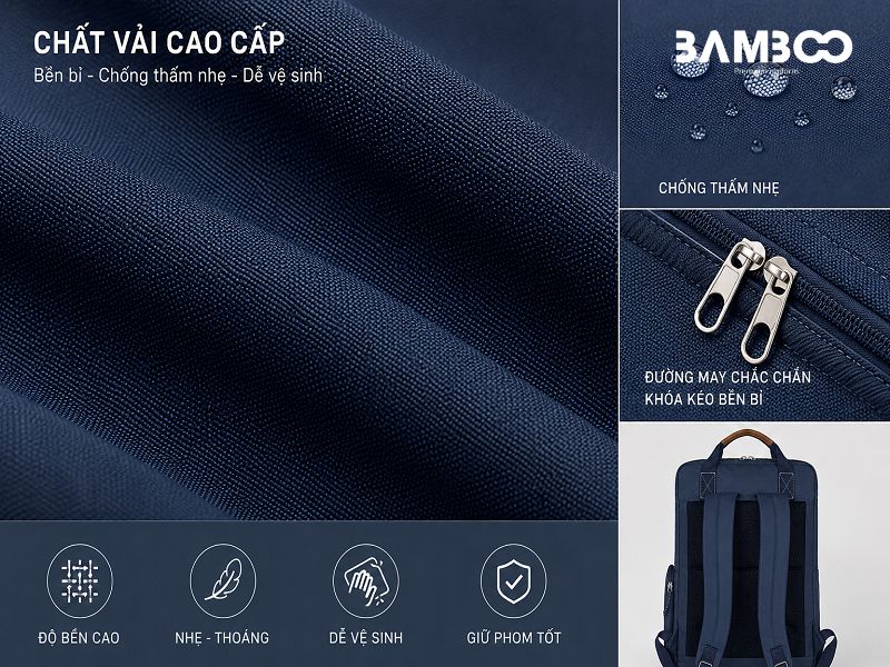 Balo xanh đen được may từ vải Canvas, Polyester, Nylon, Oxford bền chống nước