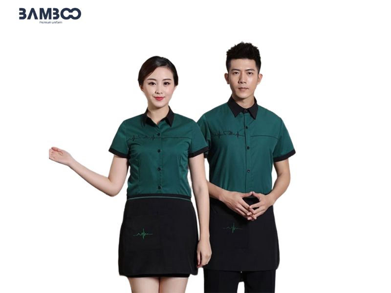 May đồng phục nhân viên nhà hàng chay ưu tiên tối giản, gam màu tĩnh và chất liệu thoáng mát