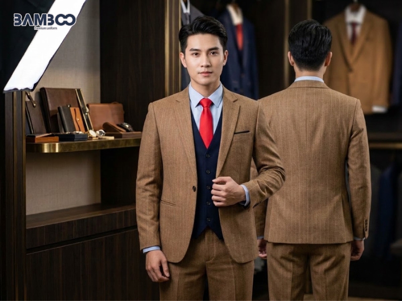 May đúng chất liệu, phom dáng và kỹ thuật giúp vest nâu vàng bền đẹp, đồng bộ