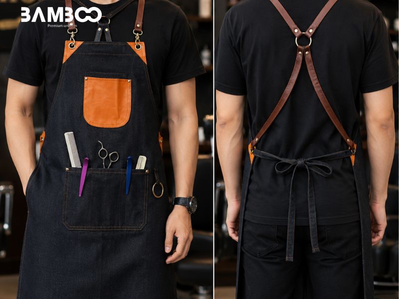 May tạp dề đúng kích thước, đường may chắc chắn, phụ kiện bền và logo nổi bật