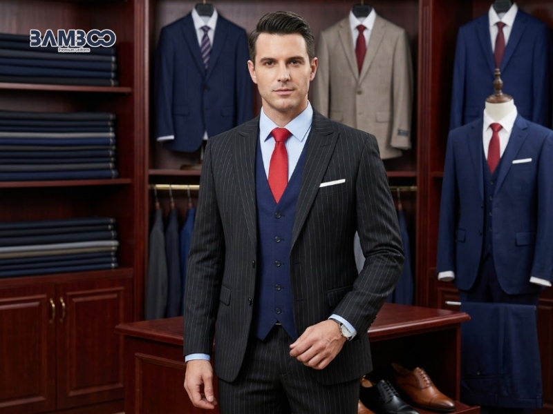 May vest đồng phục nam đen sọc kẻ cần chuẩn form, canh sọc đều, bền đẹp, đồng bộ thương hiệu
