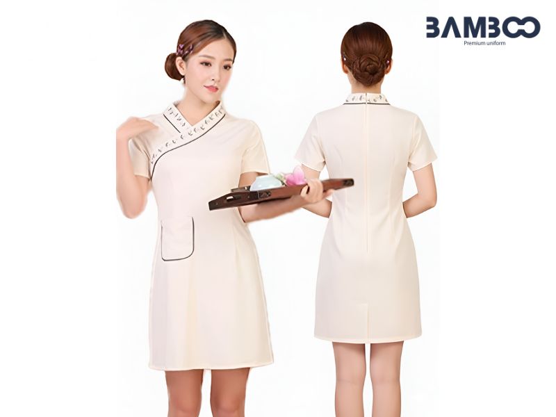Đầm spa trắng kem thanh lịch, chất vải cao cấp, tôn dáng và thoải mái