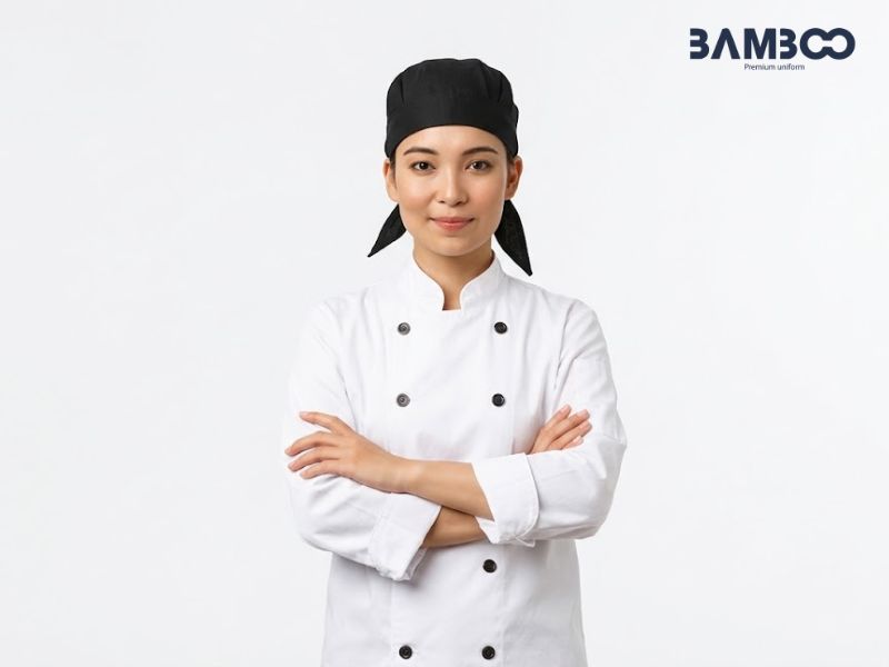 Nón bếp cột dây kiểu Nhật đen được may từ vải kaki cotton, kaki 65/35, kaki thành công, kate silk và tuytsi