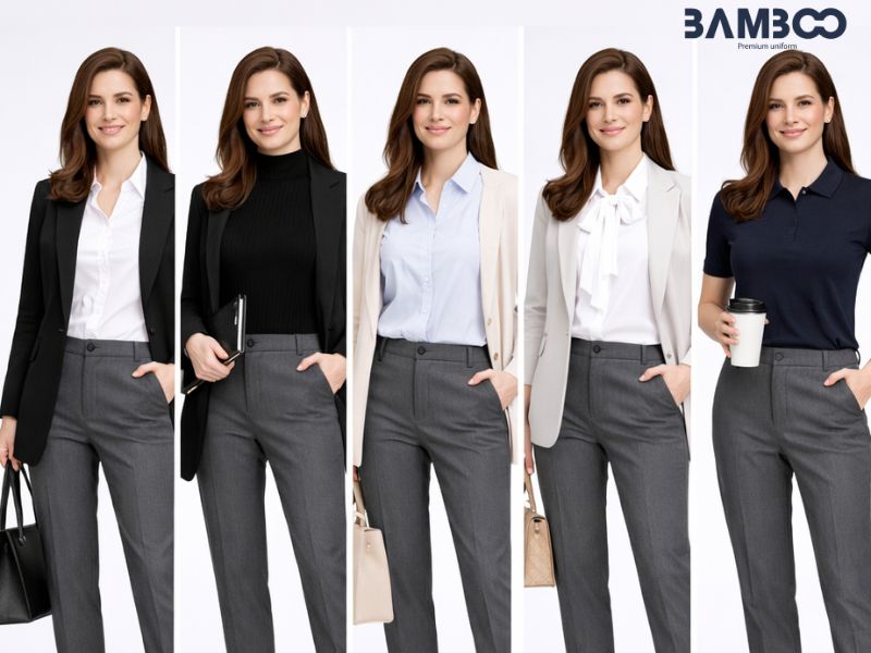 Quần tây xám nữ dễ phối áo sơ mi, vest, giày cao gót tạo phong cách công sở