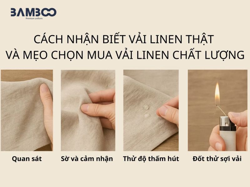 Nhận biết vải linen qua màu sắc tự nhiên, cảm giác thô mộc thoáng mát và thử đốt sợi có mùi giống giấy cháy, tro mềm mịn