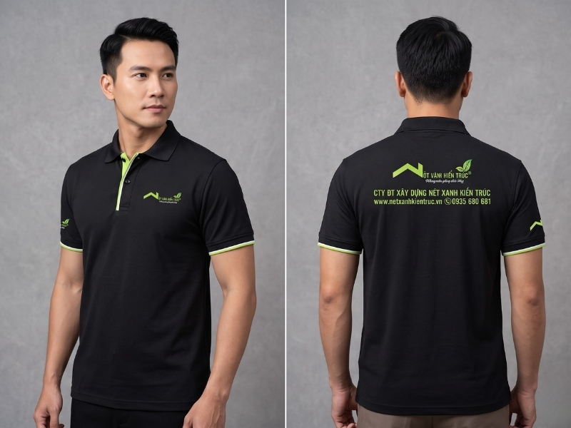 Quy trình may polo đen phối xanh lá được triển khai rõ ràng, kiểm soát chặt chẽ từ thiết kế đến giao hàng