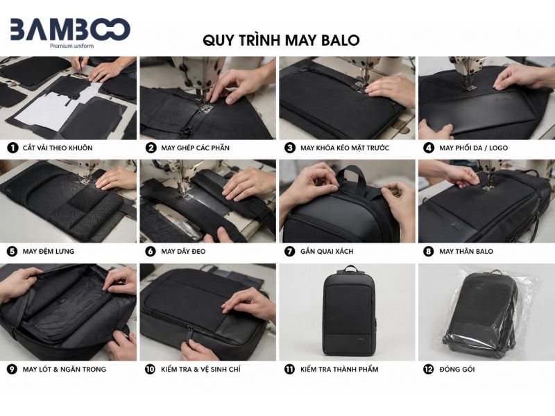Quy trình may balo da đồng phục đen tại Bamboo Uniform vận hành theo tiêu chuẩn khép kín nghiêm ngặt