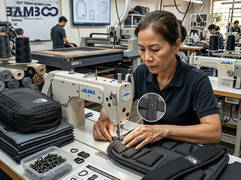 Quy trình sản xuất balo đồng phục du lịch màu đen vận hành khép kín giúp kiểm soát tốt chi phí, thời gian và đảm bảo sự đồng nhất