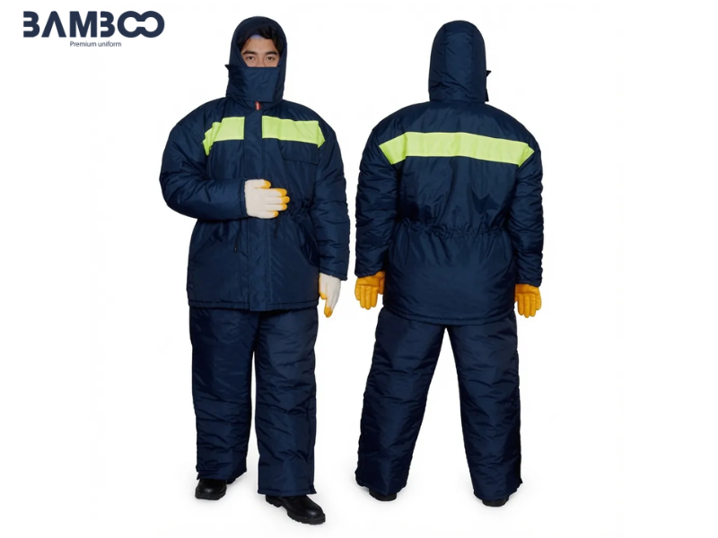 Quy trình may đồng phục kho lạnh gồm tư vấn, chọn vải, thiết kế, may mẫu, sản xuất, QC và giao hàng
