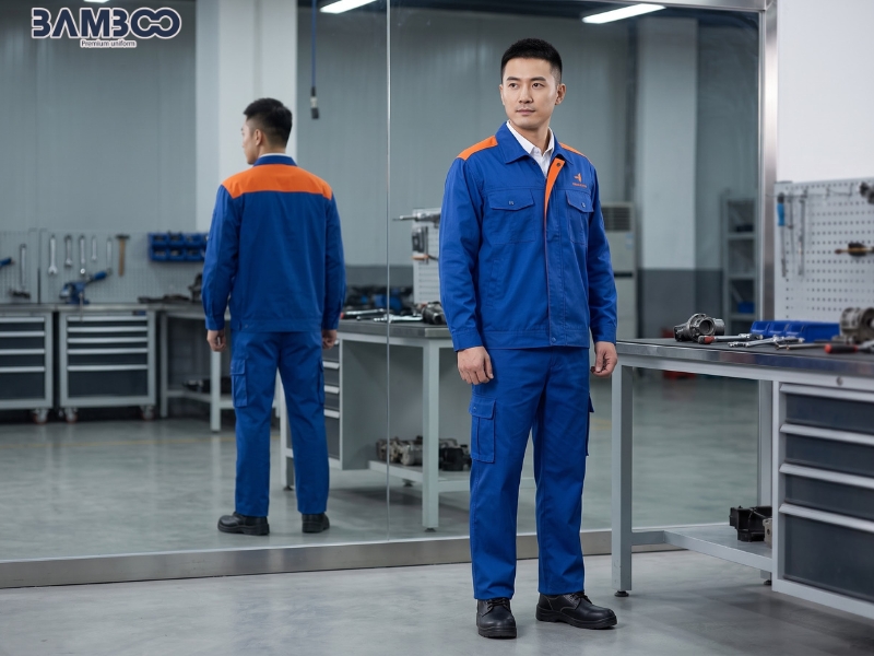 Quy trình đặt may đồng phục bảo hộ xanh dương phối cam gồm 8 bước, từ tư vấn đến giao hàng