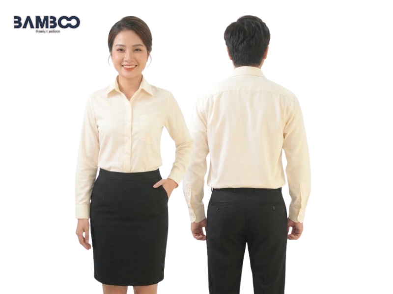 Quy trình may sơ mi công sở nam vàng nhạt gồm tư vấn, chọn vải, duyệt mẫu, sản xuất và giao hàng