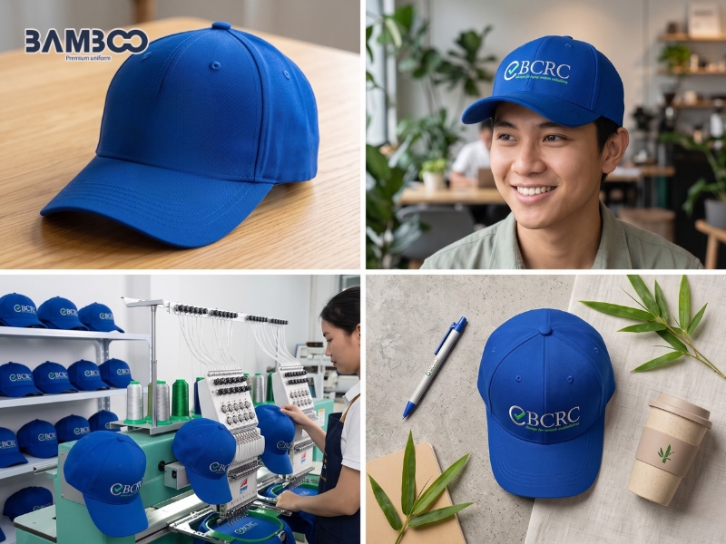 Quy trình đặt may nón đồng phục xanh dương được thực hiện rõ ràng từ tư vấn đến nghiệm thu