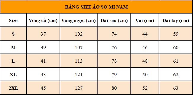 Bảng size áo đồng phục sơ mi dành cho nam 
