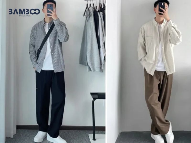 Áo sơ mi phối áo thun và jogger/quần nỉ năng động