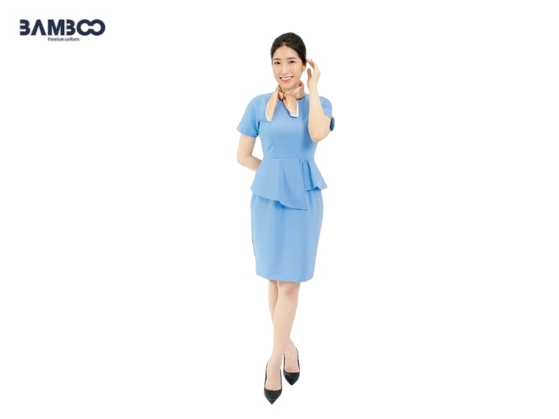 Váy đồng phục spa xanh dương cho lễ tân