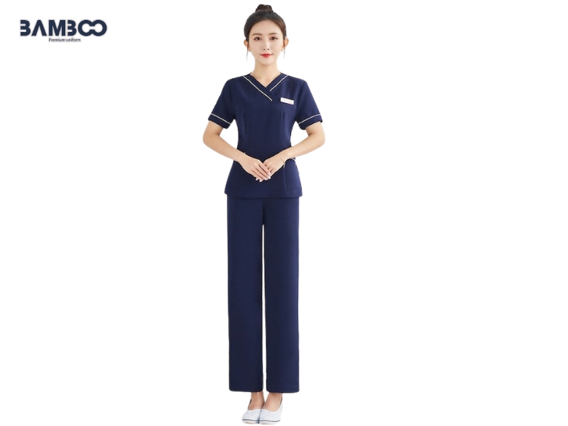 Đồng phục spa xanh dương cổ v