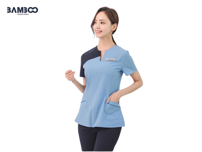 Đồng phục spa xanh dương phối đen