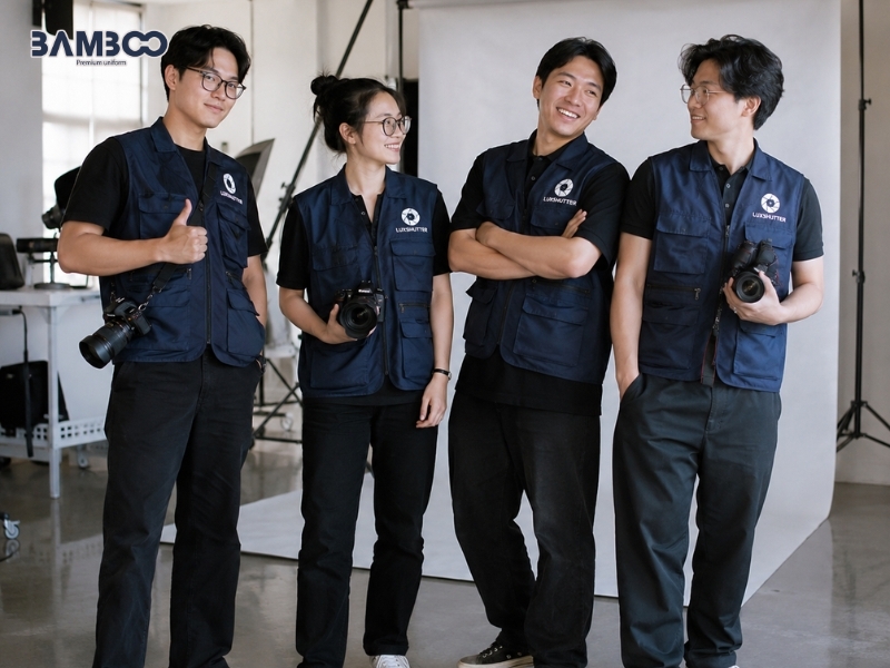 Chọn áo đồng phục studio cần ưu tiên chất liệu, màu sắc, kiểu dáng, logo và độ bền