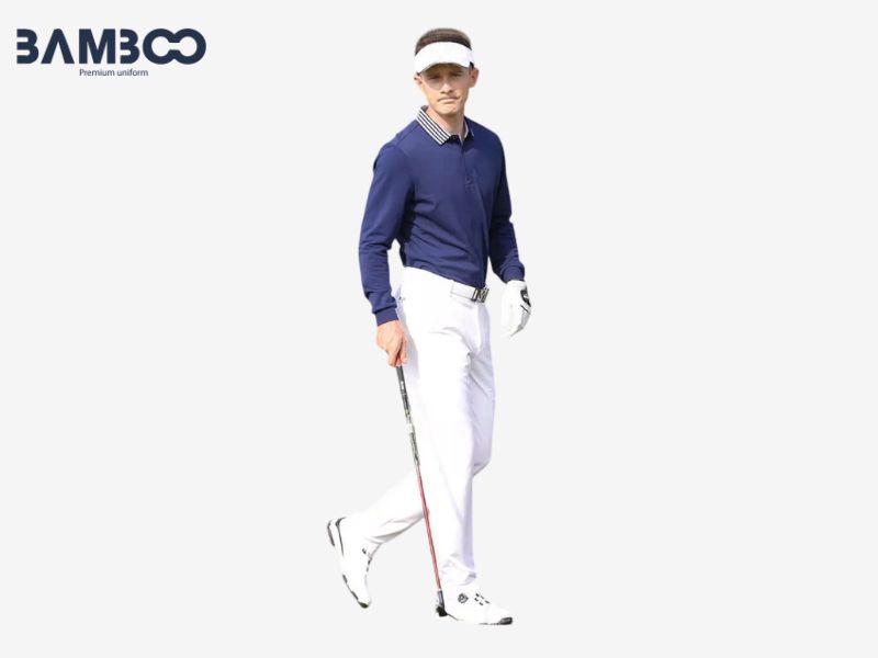 Áo thun đồng phục golf dài tay xanh navy phối viền