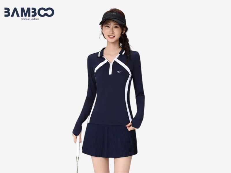 Áo thun đồng phục golf dài tay xanh đen phối trắng