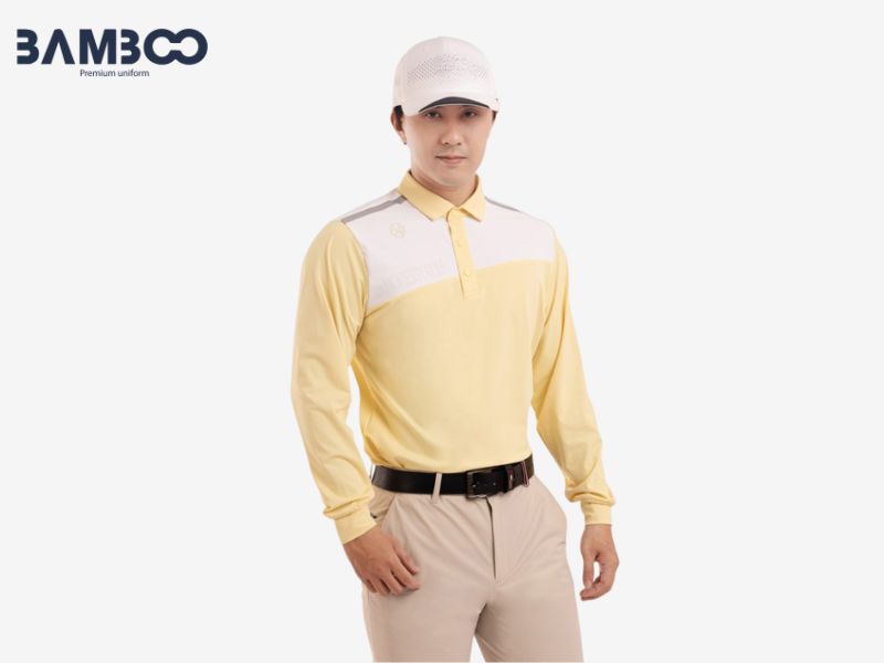 Áo thun đồng phục golf dài tay màu vàng phối trắng
