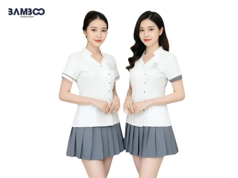 Áo spa trắng phối chân váy xám