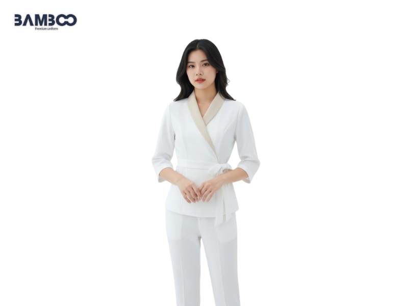 Đồng phục spa màu trắng vạt chéo