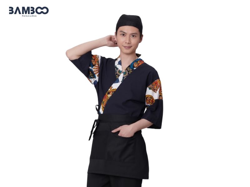 Áo bếp đen được may từ chất liệu cao cấp giữ form, thoáng mát giúp đầu bếp tự tin và thoải mái 