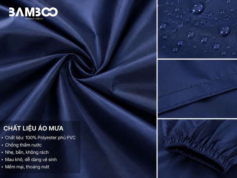 Áo mưa bộ rời xanh dương đậm may từ vải chống thấm bền đẹp, nhẹ và tiện dụng