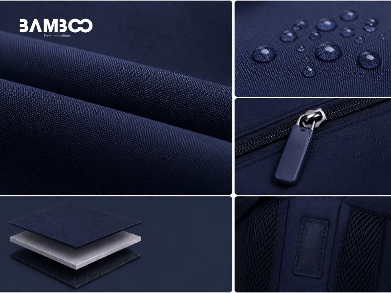 Balo xanh tím may từ vải polyester, nylon, canvas tráng và microfiber bền đẹp, trượt nước, giữ form tốt