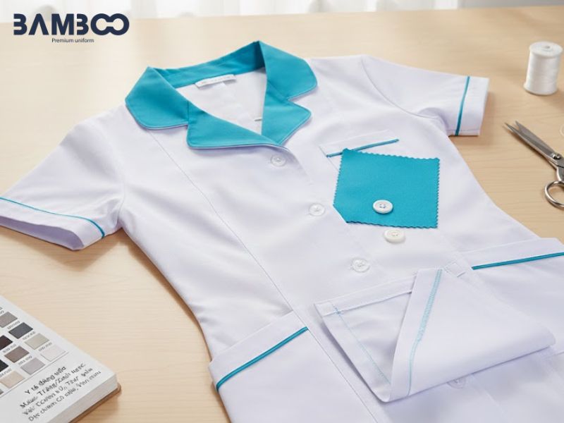 Đồng phục điều dưỡng trắng cổ xiên xanh cần vải thoáng, bền, giữ dáng tốt