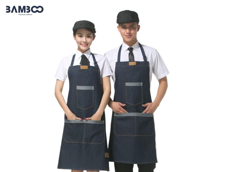 Chất vải may tạp dề đồng phục yếm dài xanh đen dáng ngắn cam