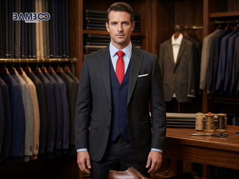 Vest đồng phục nam đen sọc kẻ sử dụng đa dạng vải cao cấp, bền đẹp, giữ form tốt