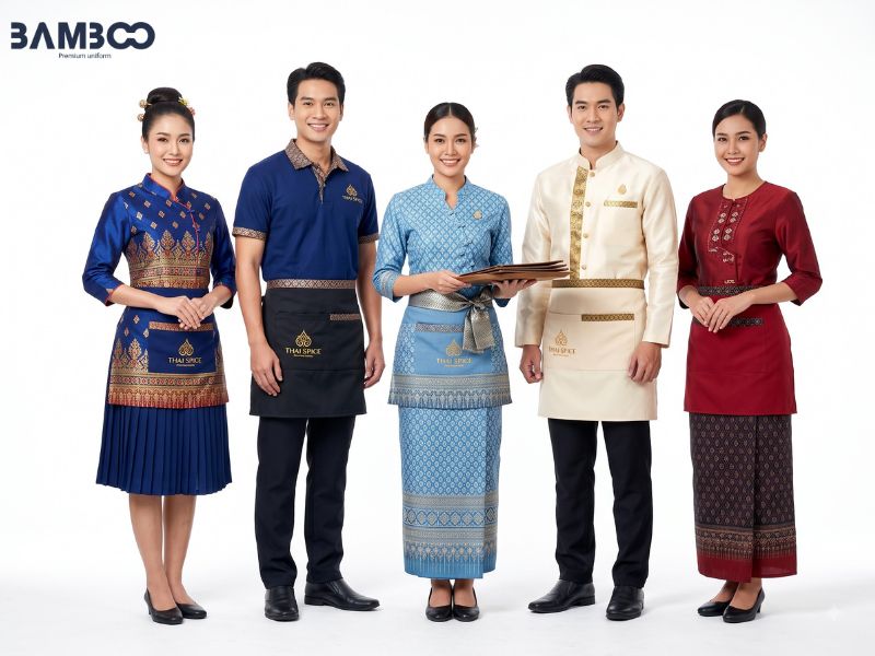 Đồng phục nhà hàng Thái hiện đại kết hợp truyền thống, thiết kế tối giản, màu sắc tươi mới