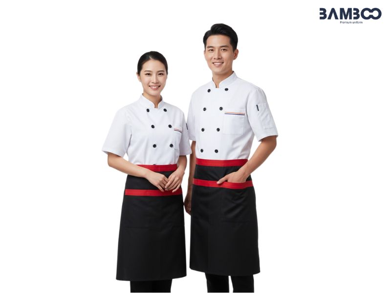 Áo bếp trắng phối viền là biểu tượng của sự sạch sẽ, chuyên nghiệp và đậm bản sắc thương hiệu