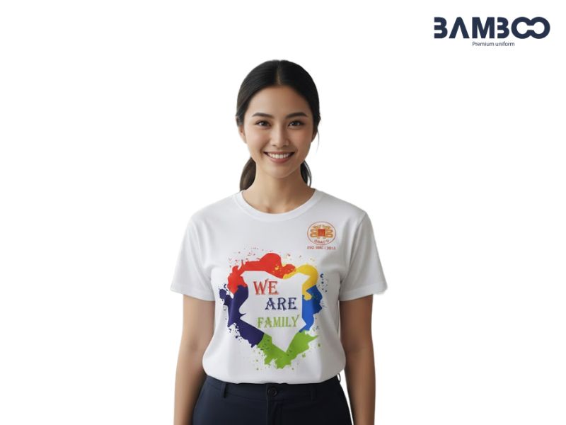 Áo thun cổ tròn trắng biểu trưng cho tinh khiết, đoàn kết, khởi đầu mới và giúp lan tỏa hình ảnh thương hiệu chuyên nghiệp