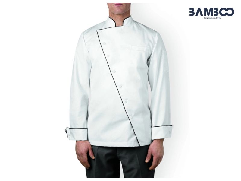 Áo bếp trắng vạt chéo viền đen sang trọng, thoáng mát, bền đẹp cho đầu bếp