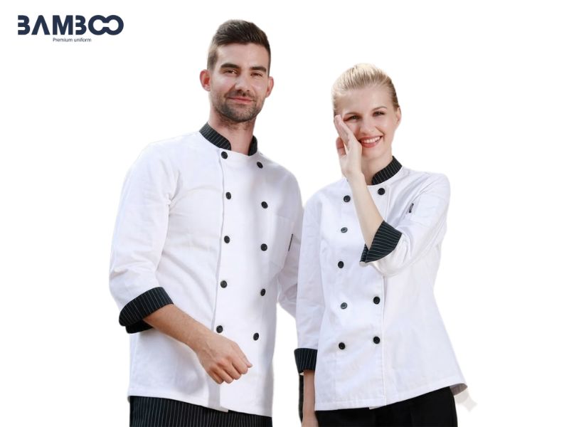 Áo bếp trắng viền đen hai hàng cúc sang trọng, bền bỉ, nâng tầm chuyên nghiệp