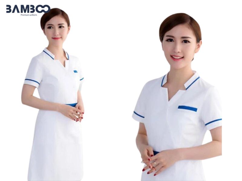 Mẫu áo điều dưỡng cổ chữ V trắng thanh lịch, thoáng mát, tôn dáng chuyên nghiệp