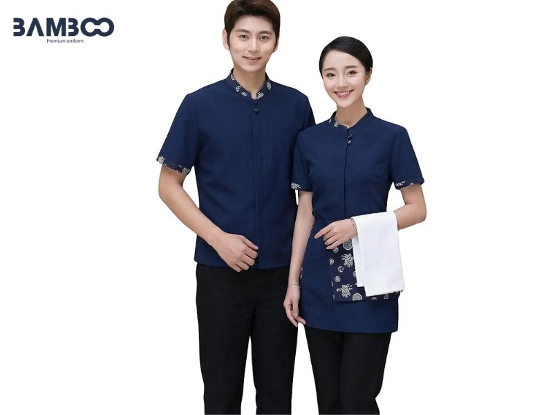 Áo phục vụ xanh đen cổ tàu sang trọng, chuyên nghiệp, đậm nét Á Đông