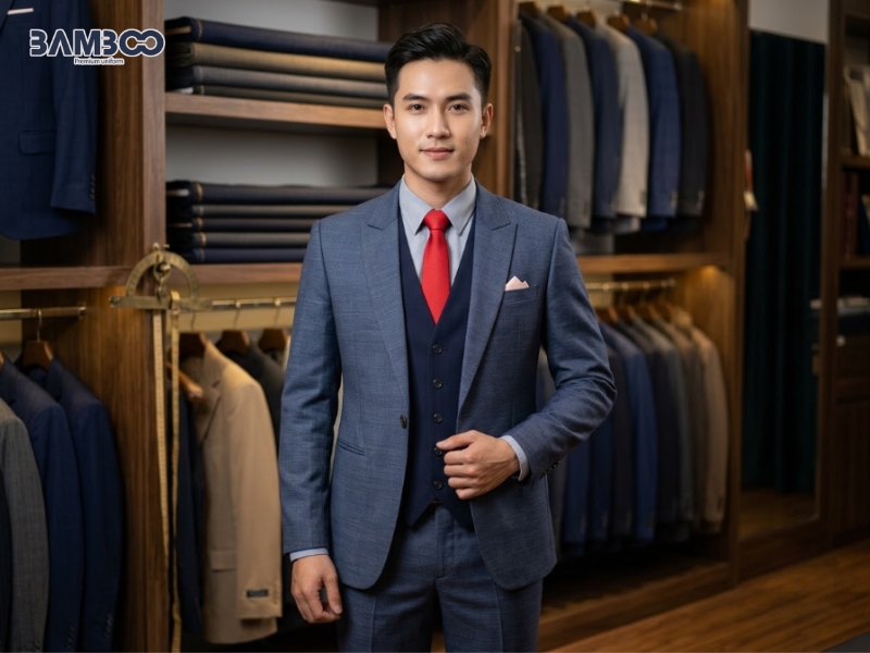 Áo vest nam đồng phục xanh ghi lịch