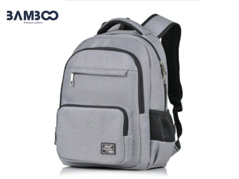 Mẫu balo đồng phục xám viền đen hiện đại, êm vai và dễ in logo